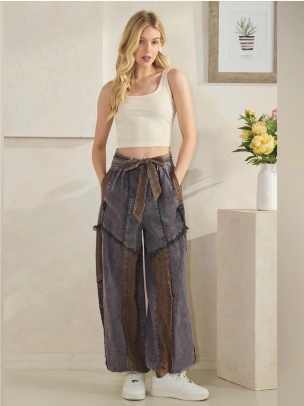 Oli & Hali Two-Tone Wide Leg Patchwork Pants - Charcoal & Brown